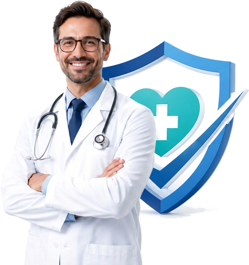 The Coverage Doc — friendly doctor with shield logo